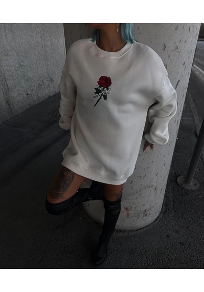 Mbb E-ticaret Kadın 3 İplik Pamuklu Bisiklet Yaka Gül Baskılı Sweatshirt - Beyazbeyaz Beyaz