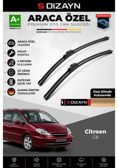 S-dizayn Citroen C8 Ön Cam Silecek Seti 2002-2014 Premium Araca Özel 65-65 Cm A+ Kalite Aocs-1948
