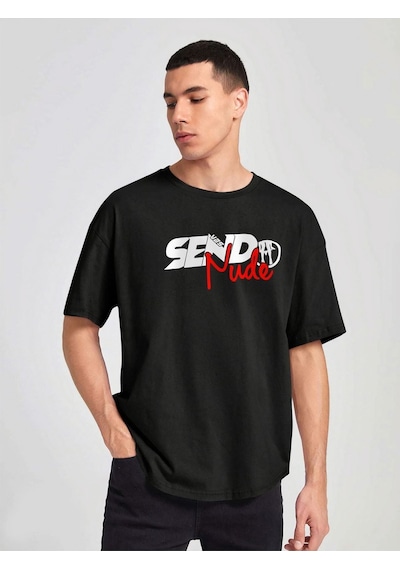 Unisex Oversize Send Nudes Baskılı T-shirt Siyah
