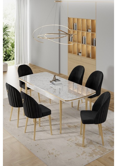 Canisa Rada Serisi 80x132 Açılabilir Lak Panel Beyaz Mermer Desen Masa 6 Siyah Sandalye Gold Detay Masa Beyaz Mermer Desen Sandalye Siyah Canisa Rada Serisi 80x132 Açılabilir Lak Panel Beyaz Mermer Desen Masa 6 Siyah Sandalye Gold Detay Masa Beyaz Mermer Desen Sandalye Siyah