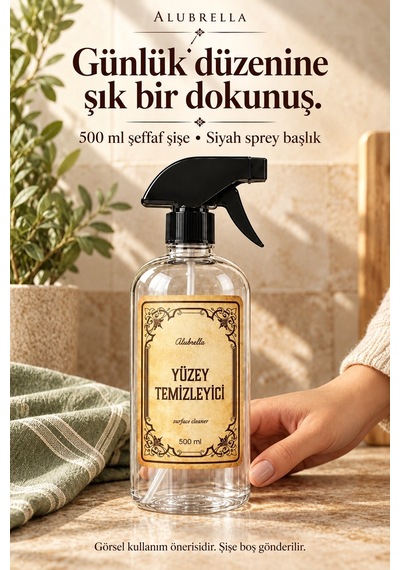 Alubrella 500 Ml Şeffaf Boş Sprey Şişe Ve 6 Lı Genel Amaçlı Etiket Seti Amber