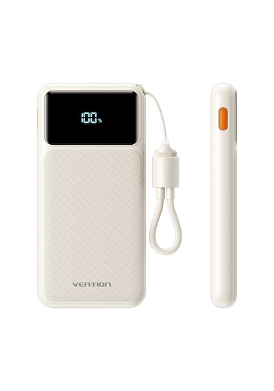 Vention 10000mah 22.5w Powerbank Usb-c + Usb-a Dahili Askı Kablolu Led Ekranlı Beyaz
