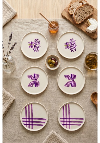 Lila Gift 6 Lı Seramik Pasta Tabağı 20 Cm Lila Desenli 6 Kişilik Tatlı Sunum Servis Tabak Seti Beyaz