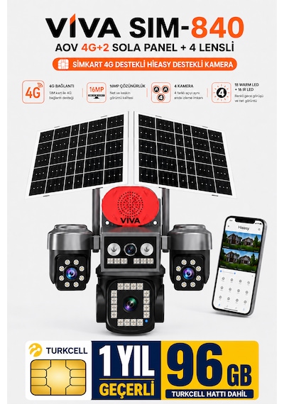 Viva Sim-840 Çift Güneş Panelli 4g Sim Kartlı Kablosuz 4 Lensli Dış Mekan Güvenlik Kamerası 16mp Ptz 96 Gb Sim Kart Dahil