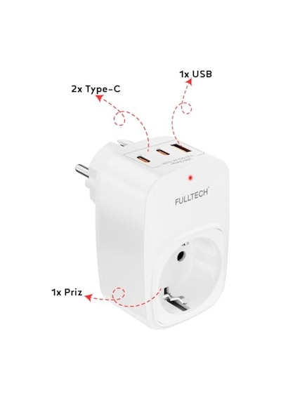 Akım Korumalı Priz 1x Priz, 2x Type-c, 1x Usb Port Çıkışlı Tekli Beyaz Genel