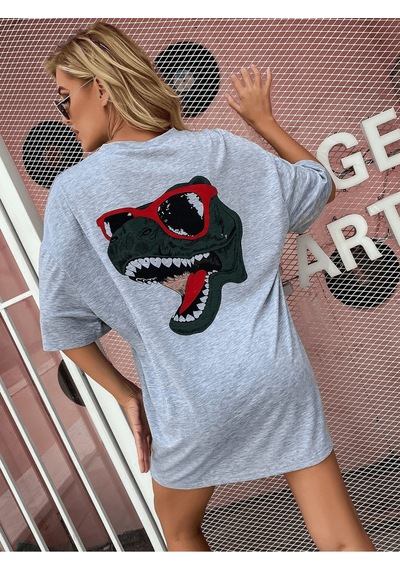Flood Of Style Kadın Gri Sırt Baskılı Dinazor Oversize T-shirt