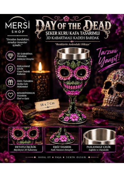 Day Of The Dead Şeker Kuru Kafa Tasarımlı 3d Kabartmalı Paslanmaz Çelik Kadeh Bardak 18x7 Cm Çok Renkli