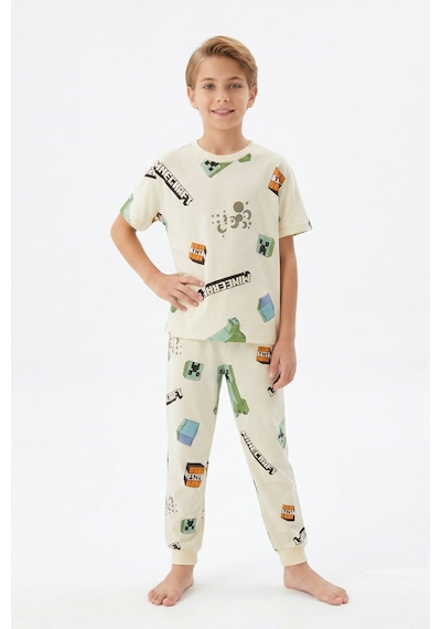 Bunny Hopp Yazlık Kısa Kollu Erkek Çocuk Pijama Takımı Oyun Desenli %100 Pamuk Krem