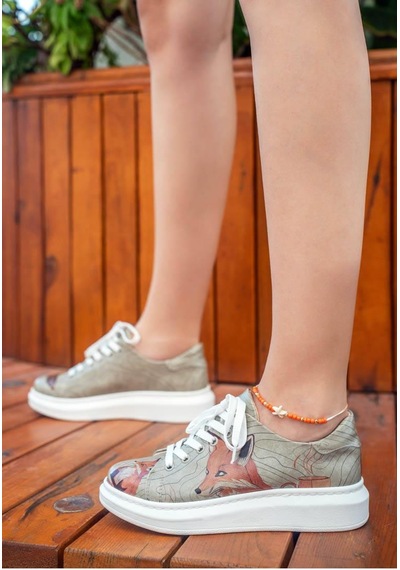 Kadın Vegan Deri Bej Sneakers - Run Little Fox Tasarım Çok Renkli