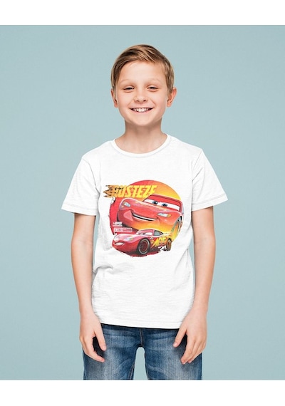 Sevbano Şimşek Mcqueen Arabalar Baskılı Unisex Çizgi Film Çocuk Tişört 1 Beyaz