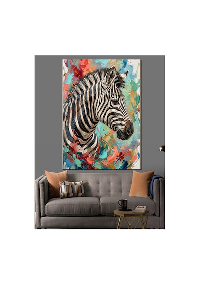 Renkli Fırça Darbeli Zebra Portresi Yağlı Boya Dokulu Kanvas Tablo Canvas Tablosu