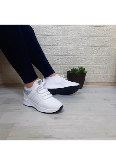 M.p 1669 Beyaz İçten Gizli Topuk 7cm Taşlı Kadın Spor Ayakkabı 001