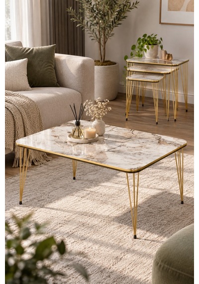 Sulorahome 4'lü Sehpa Seti Mermer Desenli Beyaz Ve Gold Metal Ayaklı Tablalar Beyaz Mermer / Ayaklar Gold