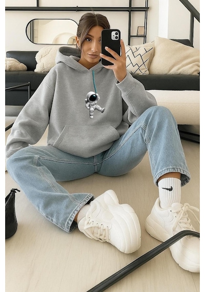Benroma 3 İplik Penye Astronot Unisex Kapüşonlu Sweat Gri