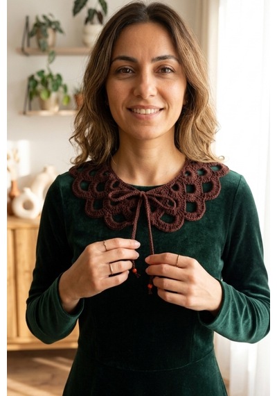 Bb Bibutikshop Kahverengi El Örgüsü Fiyonk Bağcıklı Takılabilir Yaka Vintage Dantel Model Renkli