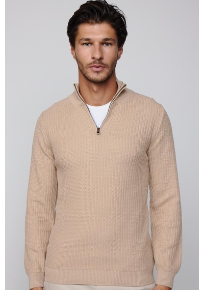 Tudors Slim Fit Dar Kesim Dik Yaka Fermuarlı Desenli Bej Erkek Triko Kazak-28924 Taş - Ekru