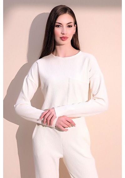 WeShaya Kadın Ekru Uzun Kol Kendinden Dokulu Cepli Crop Sweatshirt, Salaş Kesim Bluz Ekru