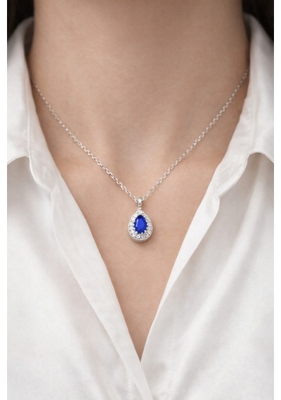 Çekirdekjewelry 925 Ayar Gümüş Safir Damla Taşlı Minik Kolye Gri