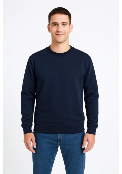 Erkek Üç İplik Düz Bisiklet Yaka Sweatshirt - Lacivert
