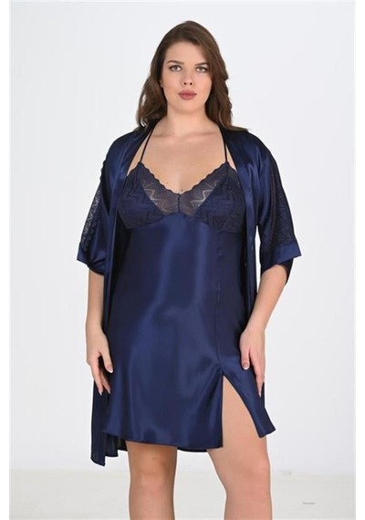 Modenya Premium Büyük Beden Saten Dantel İşlemeli Lacivert 2'li Gecelik Sabahlık Takımı Bigsize 3xl Modenya Premium Büyük Beden Saten Dantel İşlemeli Lacivert 2'li Gecelik Sabahlık Takımı Bigsize 3xl