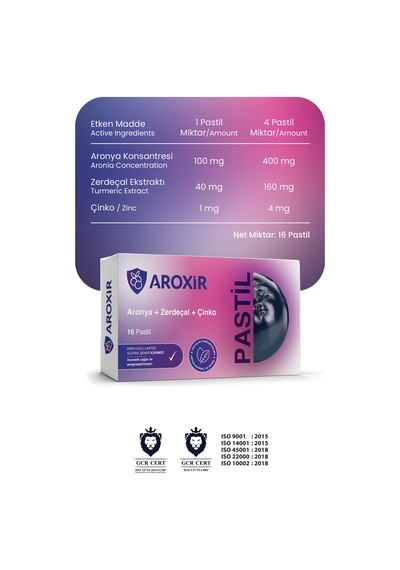 Aroxir Pastil Solunum Yollarını Rahatlatıcı Ve Koruyucu Destek Aronya, Zerdeçal Ve Çinko 2x16'lı Pastil
