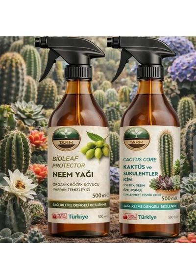 Cactus Core Sprey Kaktüs Sukulent Bitki Besini Ve Bioleaf Protector Sprey Neem Yağı İkili Bakım Seti 1 L