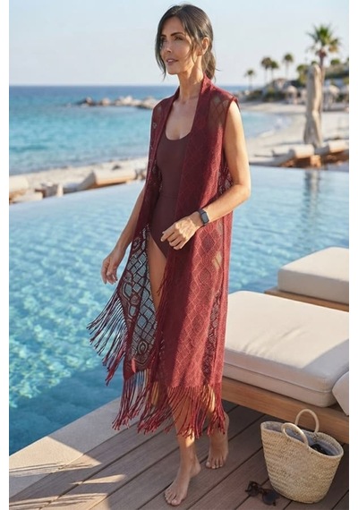 Maşuka Dantel Detaylı Püsküllü Plaj Pareosu Ve Kolsuz Kimono, Yelek Aksesuar Bordo Bordo