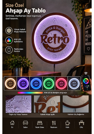 Kişiye Ve Mesleğe Özel Ay Tablo, Rgb Led Işıklı El Yapımı Duvar Dekorasyonu Ahşap 01