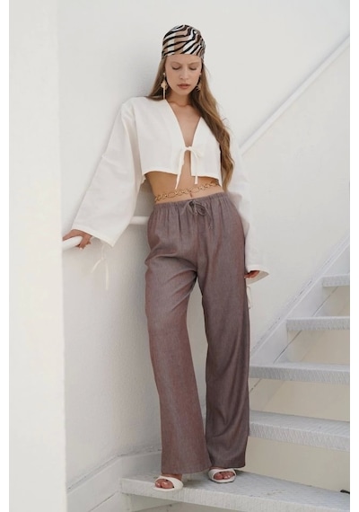 Defymoda İnce Kemerli Bağcık Detay Pantolon Kahverengi