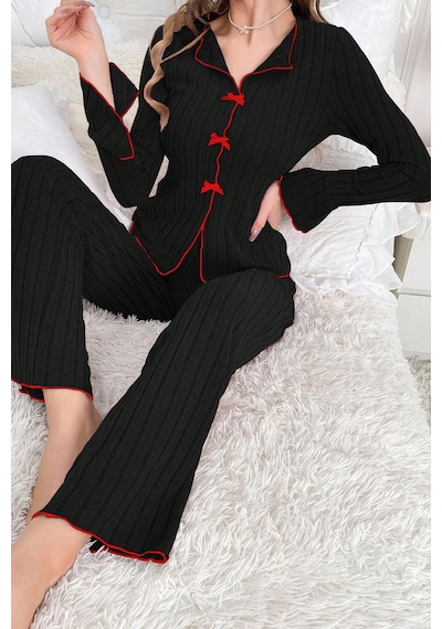 Fantezia Night Kadın Siyah Kırmızı Biyeli Ve Fiyonklu Uzun Kollu Mevsimlik Pijama Takımı