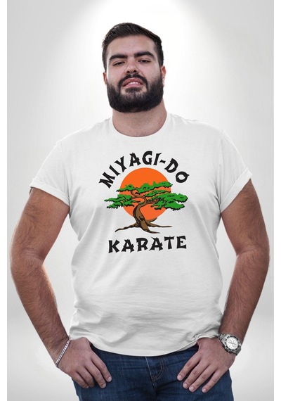 Angemiel Miyagi-do Karete Çocuk Logo Dizi Bonzai Ağaç Beyaz Büyük Beden Kadın Erkek Ünisex Basic Ön Baskılı Tişört Beyaz