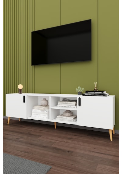 Asra Trend Tv Ünitesi T-09 %100 MDF 180 cm Tv Sehpası Dolaplı Raflı Beyaz