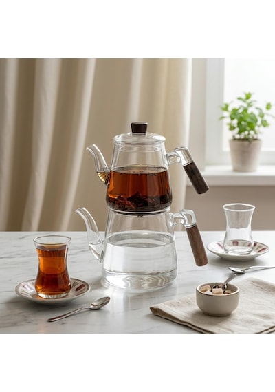 1000 Ml + 750 Ml Akasya Ahşap Kulplu Cam Çaydanlık Takımı - Isıya Dayanıklı Borosilikat Pürüzsüz Şeffaf Tasarım, Yaylı Süzgeçli Lüks Çaydanlık Çok Renkli