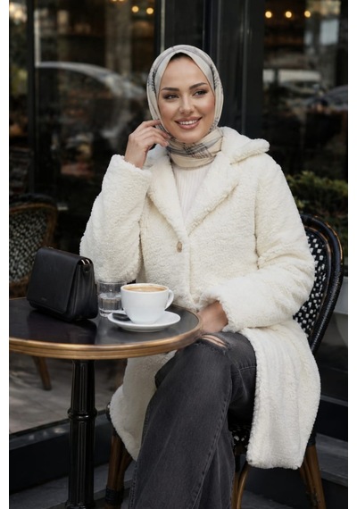 Hb Harma Time Butik Kadın Astarlı Düğmeli Kruvaze Beyaz Peluş Kaban