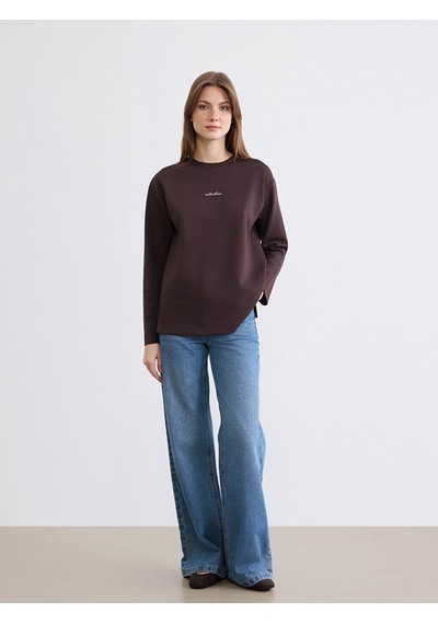 Lcw Comfort Kahverengi Bisiklet Yaka Baskılı Soft Touch Kadın Sweatshirt
