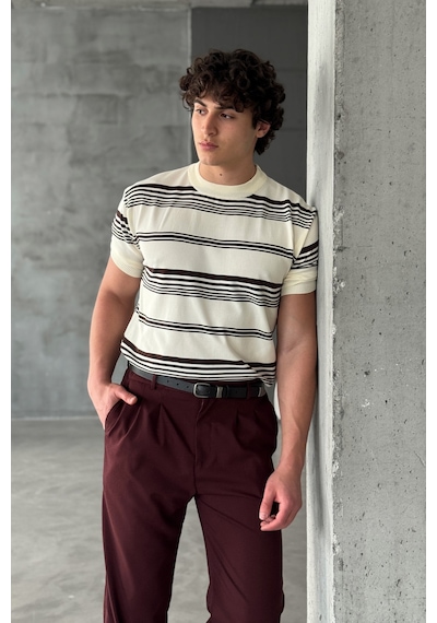Erkek Bisiklet Yaka Oversize Çizgili Triko T-shirt Ekru