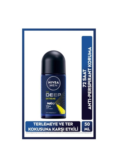 Men Erkek Roll-on Deodorant Deep Extreme 50ml, 72 Saat Anti-perspirant Ter Koruma, Yeni Enerji