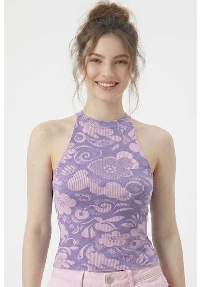 Neden Tekstil Kadın Fitilli Baskılı Halter Yaka Crop Bluz - Açık Pembe-mor