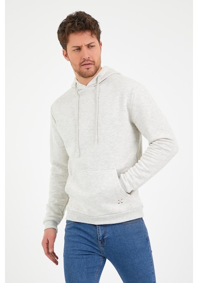 Polostate Erkek Kapüşonlu Kanguru Cep 3 İplik Sweatshirt Kar Melanj