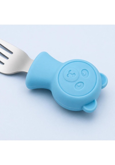 Valkyrie 304 Çelik Panda Bebek Kaşık Çatal Setisilikon Saplı Bpa İçermez Ergonomik Kaymaz Mavi
