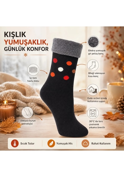 DS Wak 12 Li Kadın Kışlık Havlu Çorap Sıcak Tutan Karışık Desenli Ekonomik Çoklu Çorap Seti Siyah