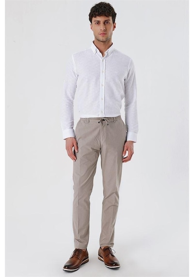 İmza Koyu Bej Çizgili Armürlü % 100 Pamuk Yan Cep Slim Fit Dar Kesim Casual Pantolon 1003230159-koyu Bej Koyu Bej