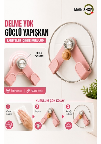Mainshop 1 Adet Duvara Monte Tencere Kapağı Tutucu,delme Gerektirmez ,mutfak Tencere Kapağı Düzenleme M-56 Pembe