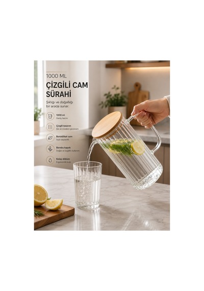 1000 Ml Bambu Kapaklı Çizgili Cam Sürahi 1 Litre Borosilikat Cam Su, Limonata Ve İçecek Sürahisi
