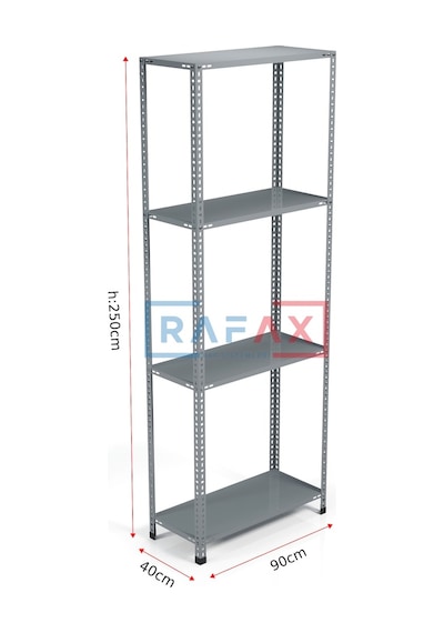 Rafax, 40x90xH:250, 4 Raflı Çelik Raf, Depo Rafı, Arşiv Rafı Gri
