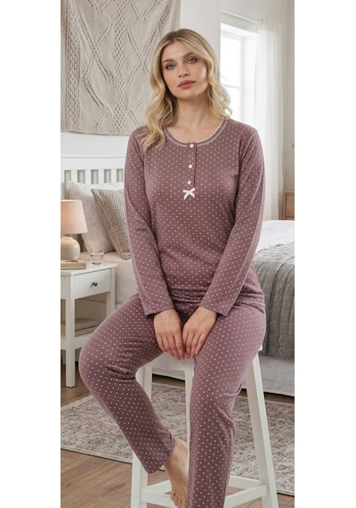 Miss Melina Bambu Pamuk Uzun Kol Kadın Pijama Takımı Puanlı - 9086870133629 Vizon
