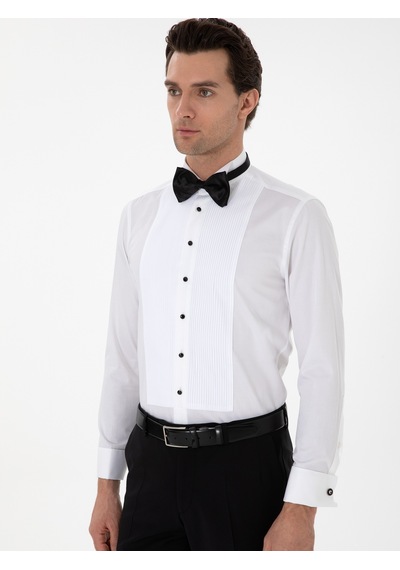 Cacharel Beyaz Slim Fit Pamuk Karışımlı Ata Yaka Smokin Gömlek