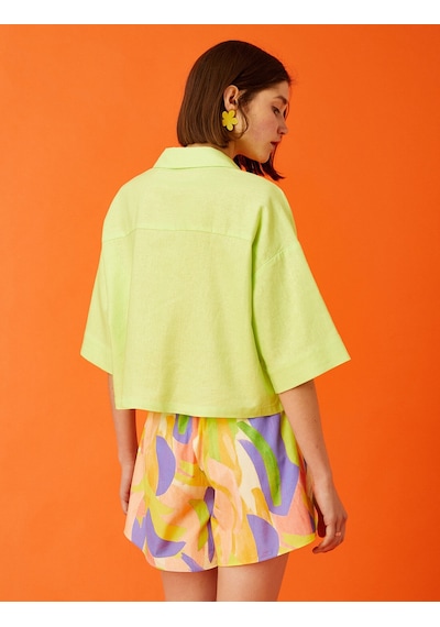 Koton Oversize Crop Kısa Kollu Gömlek Keten Karışımlı Yeşil 2sal60007ıw