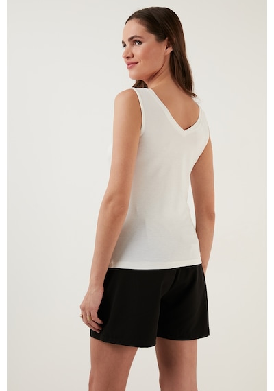 Lela Slim Fit V Yaka Kalın Askılı 2' Li Paket Bayan Bluz 5864384S2 Ekru-Benetton
