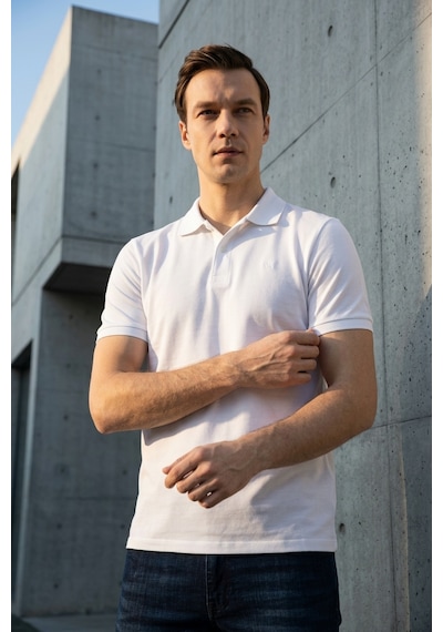 Süvari Slim Fit Düz Baskısız Pike Düğmeli Polo Yaka Nefes Alabilen T-shirt Beyaz